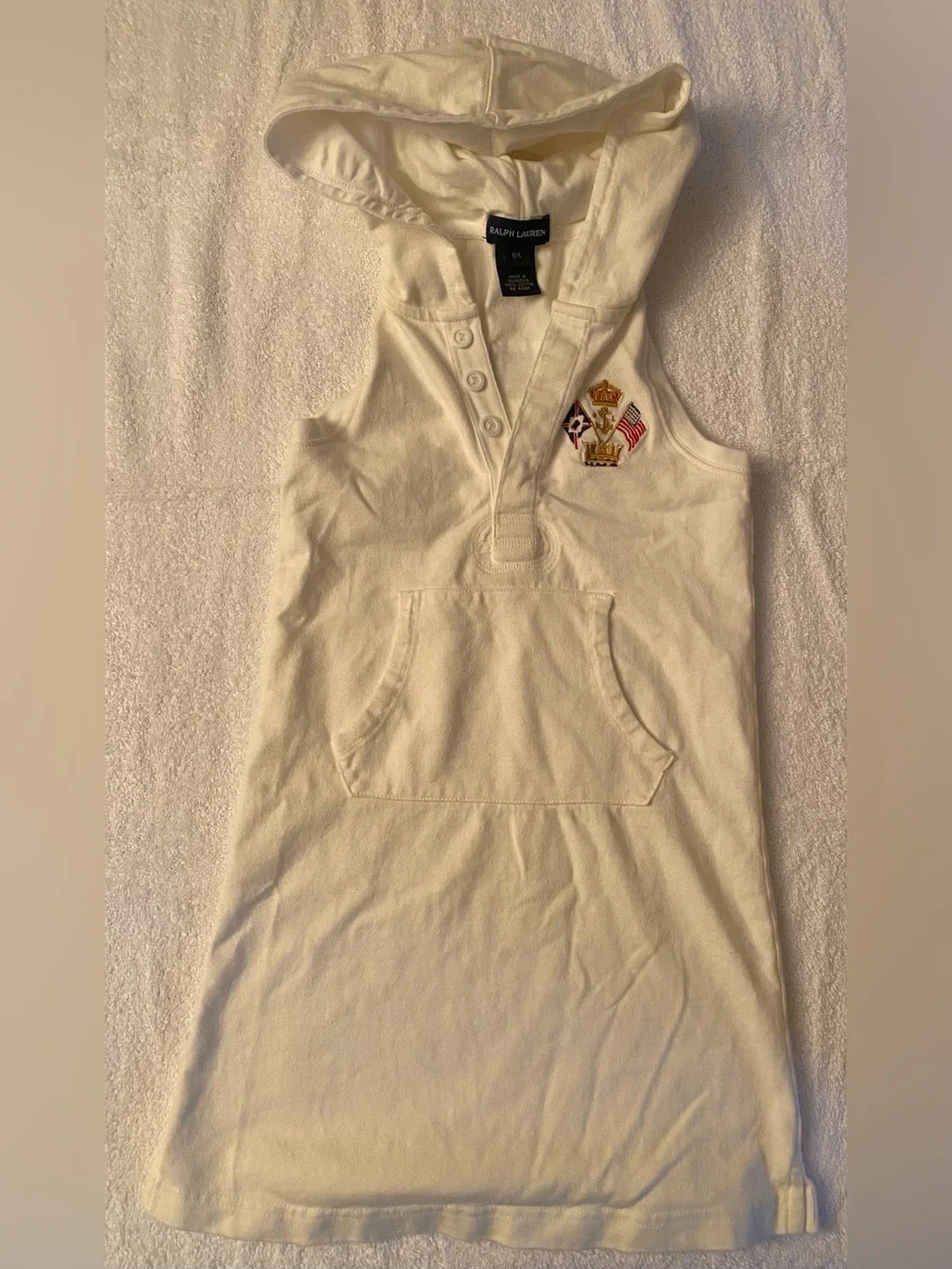 Ralph Lauren Girls White Sleeveless Hooded Nautical Crest Polo Dress 6X
